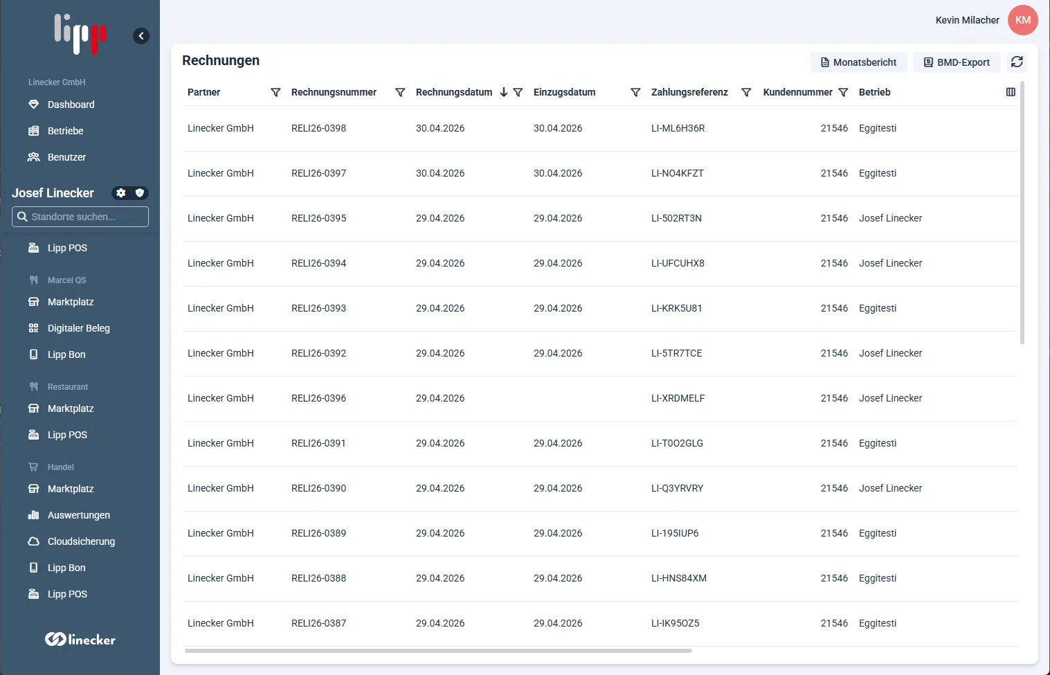 Verwaltung aller Linecker-Rechnungen mit Download, E-Mail-Versand und Storno.