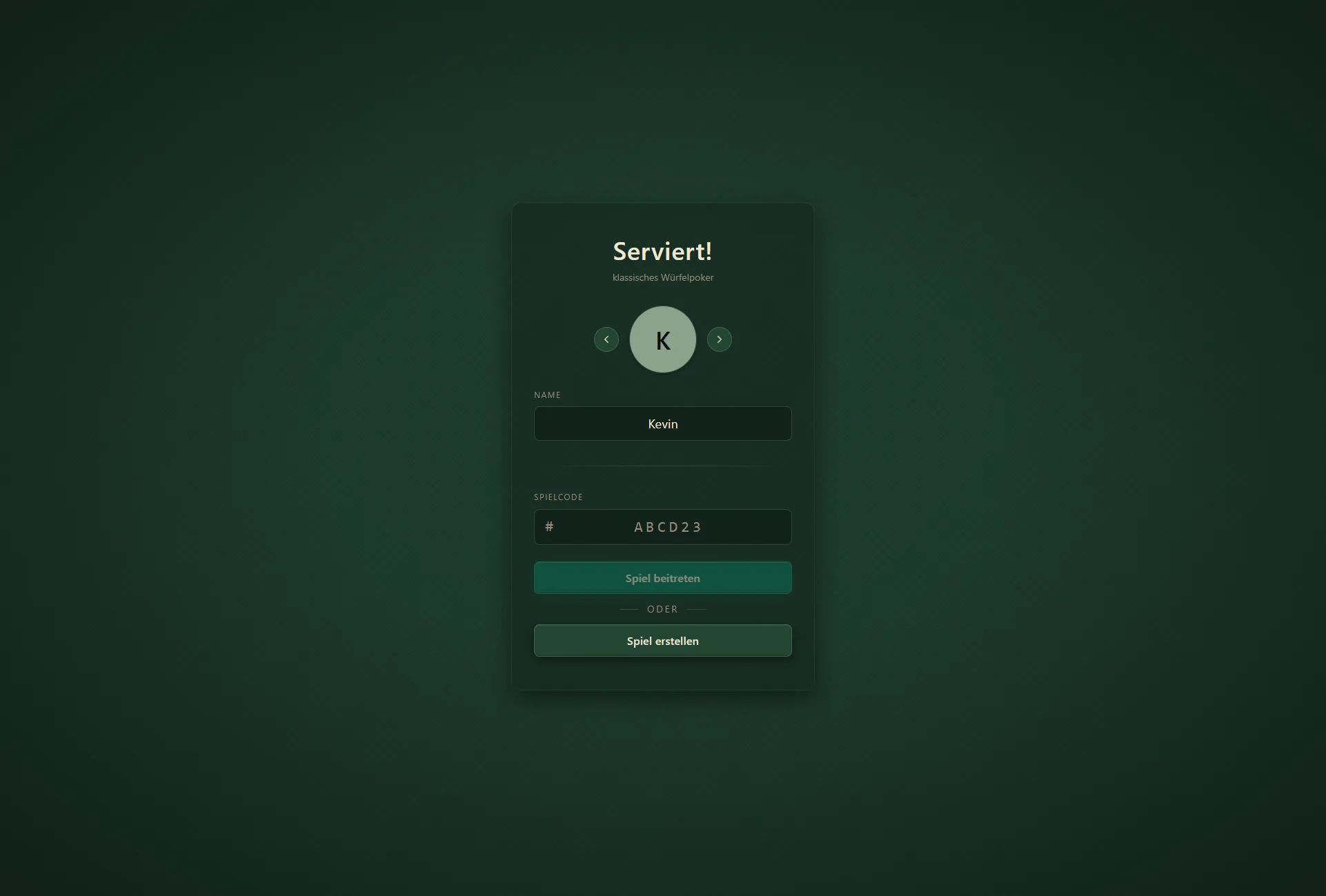 Eine einzige Karte: Avatar samt Farbe wählen, Name setzen, per Code beitreten oder Spiel erstellen – ohne Login, in Sekunden im Spiel.